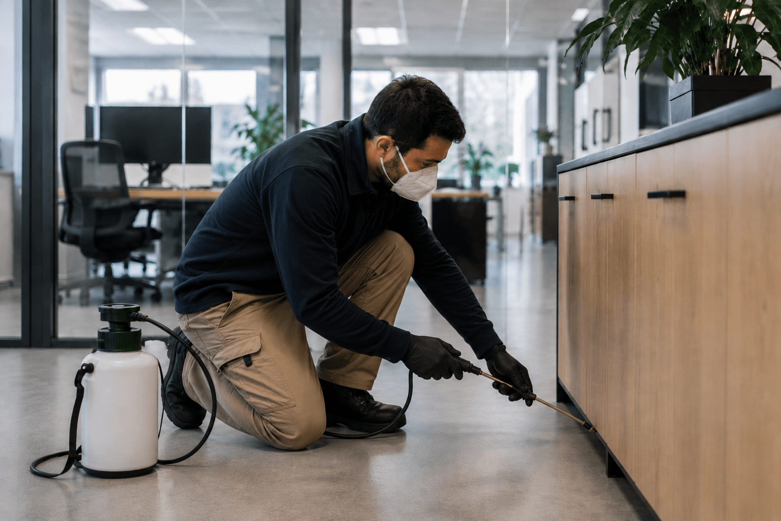 Technicien Provence STOPCAFARD réalisant une pulvérisation ciblée dans des locaux professionnels à Marseille